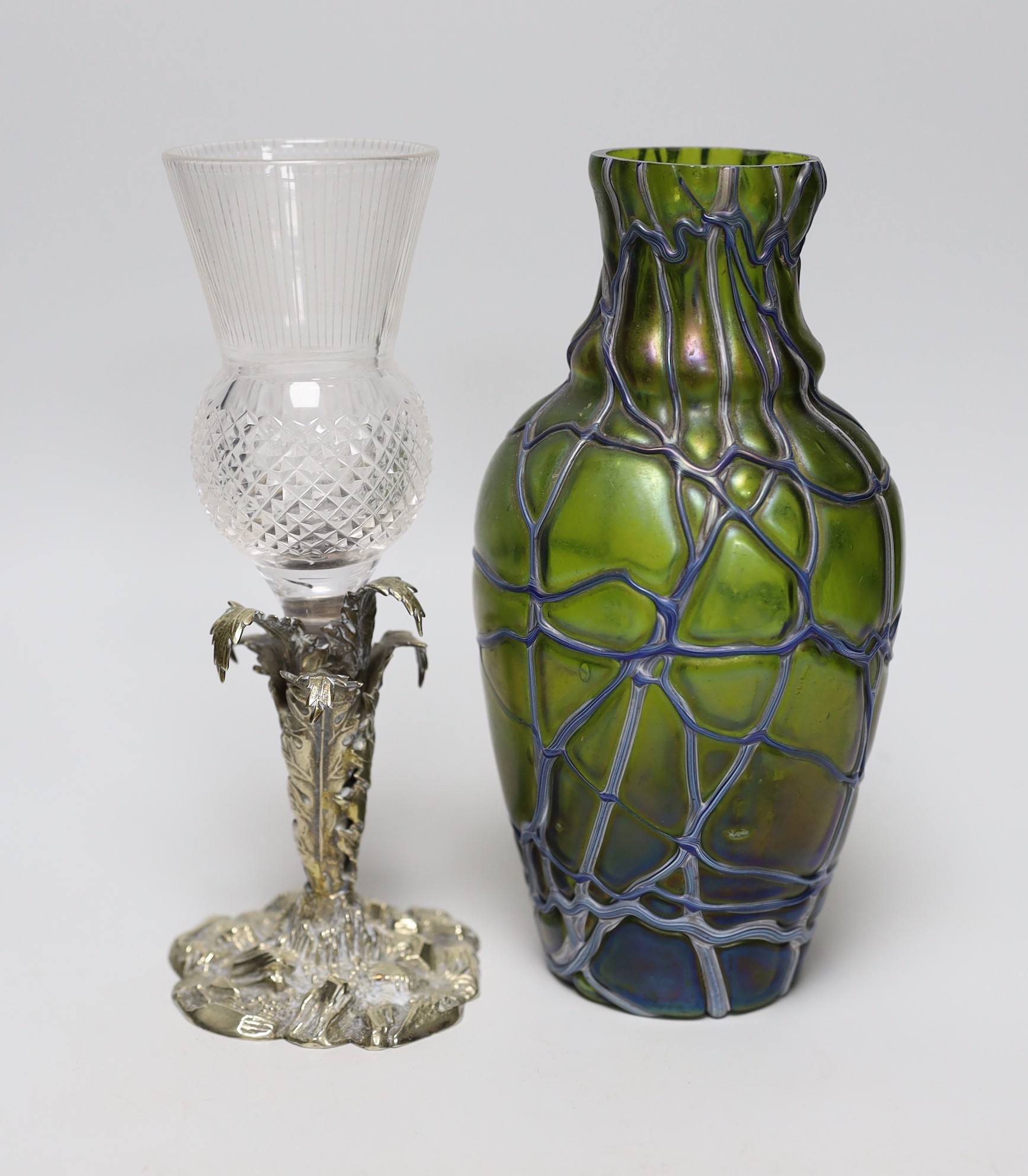 A Victorian thistle vase on cast plated base and a Pallme-Konig Art Nouveau glass vase
